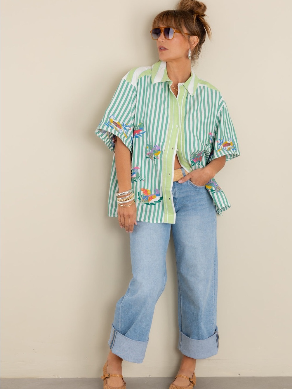NWT Free People The Bird Shirt XS Embroidered Tropical Stripe Button Down